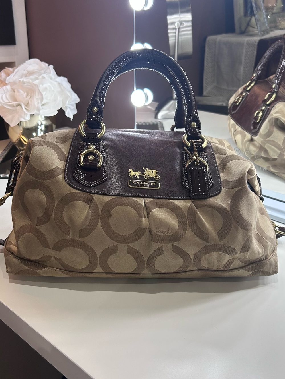 Coach Beige Khaki Signature Satchel with Brown Leather Trim